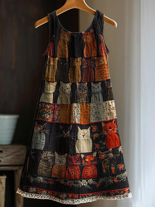 Women's Artistic Cat Patchwork Design Print Dress