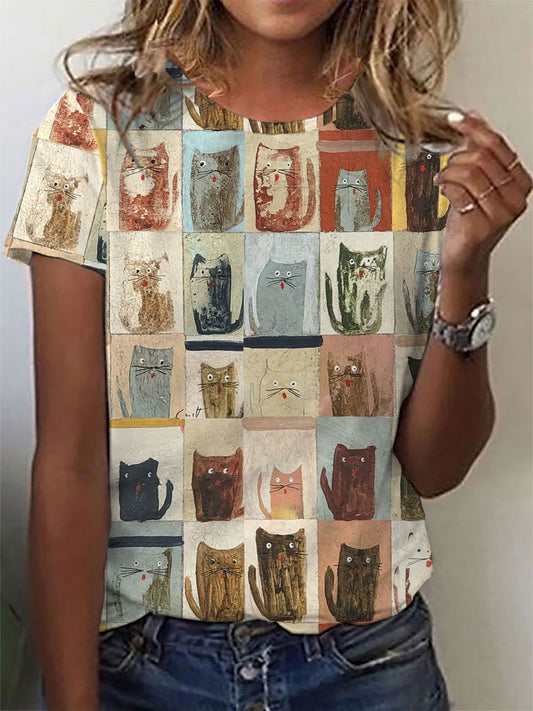 Women's Cat Art Printed Casual T-Shirt
