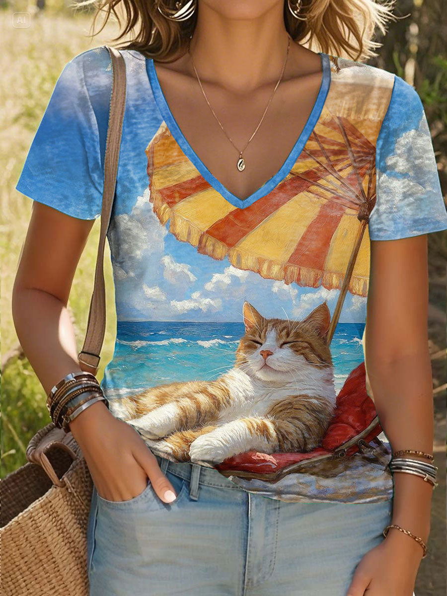Women's Beach Cat Print Casual V-Neck T-Shirt