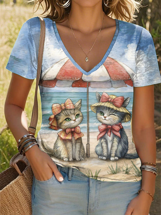 Women's Beach Cat Print Casual V-Neck T-Shirt