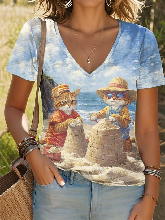 Women's Beach Cat Print Casual V-Neck T-Shirt