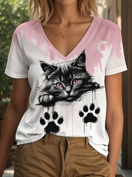Women's Cat Art Print Casual V-Neck T-Shirt
