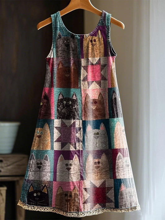 Women's Artistic Cat Patchwork Design Print Dress