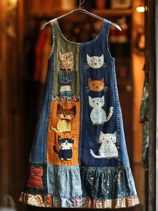 Women's Artistic Cat Patchwork Design Print Dress
