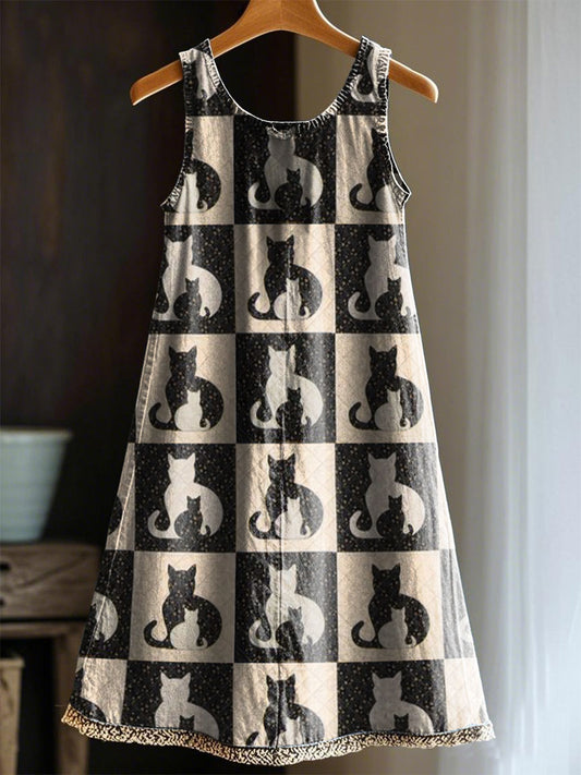 Women's Artistic Cat Patchwork Design Print Dress