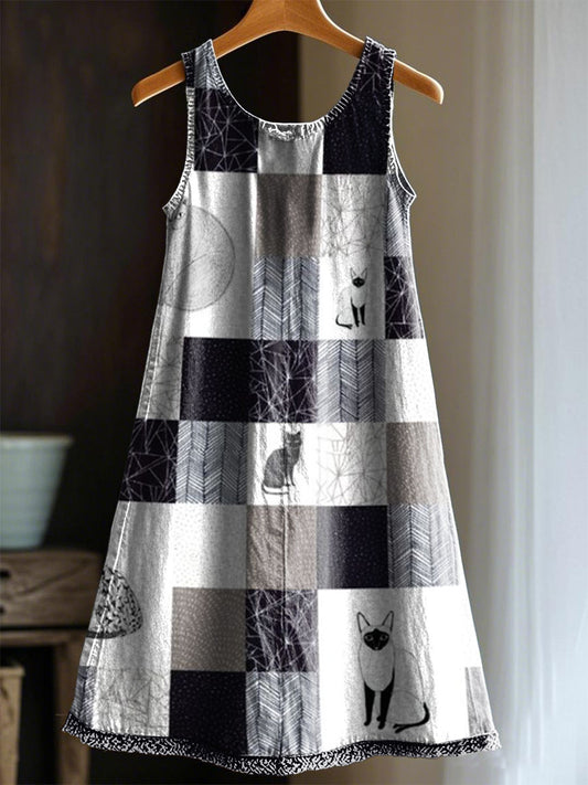 Women's Artistic Cat Patchwork Design Print Dress