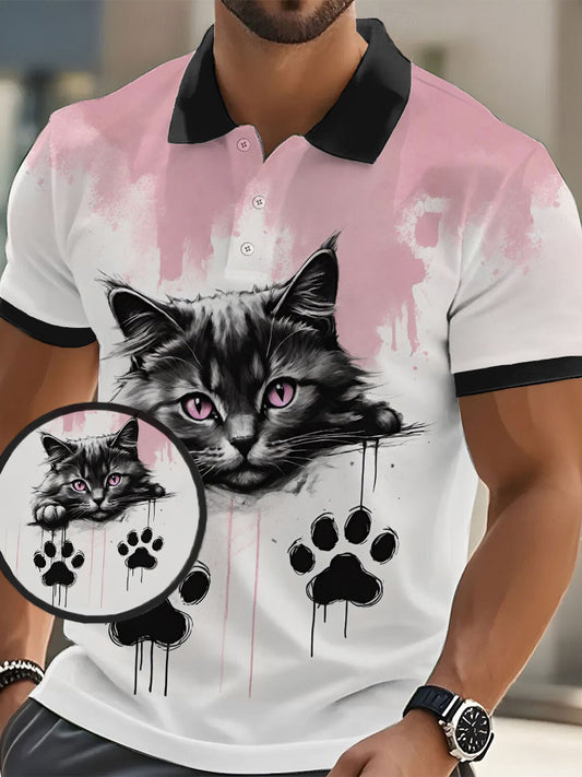 Men's Cat Art Print Casual Polo Shirt