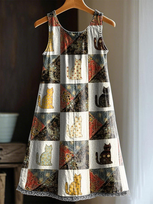 Women's Artistic Cat Patchwork Design Print Dress