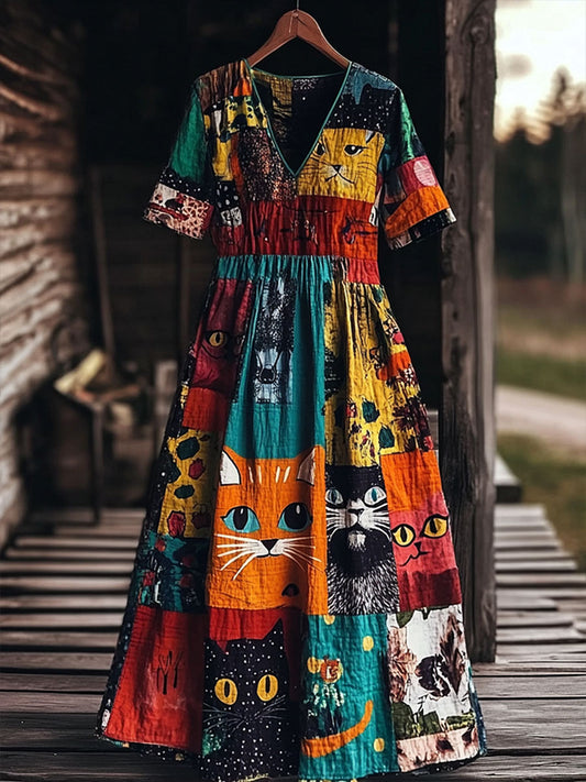 Women's Artistic Cat Patchwork Design Print Dress