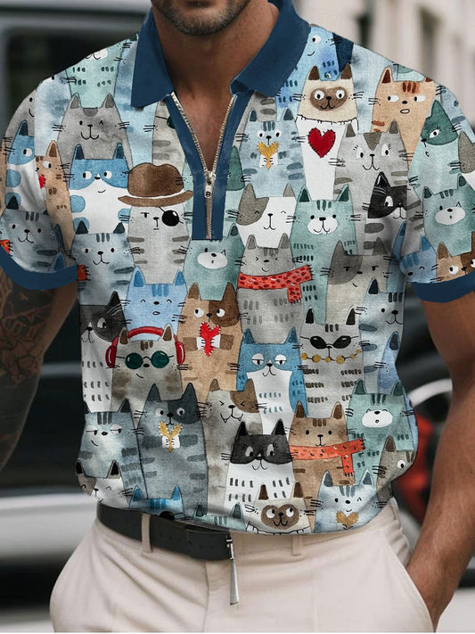 Men's Cat Art Print Casual Polo Shirt
