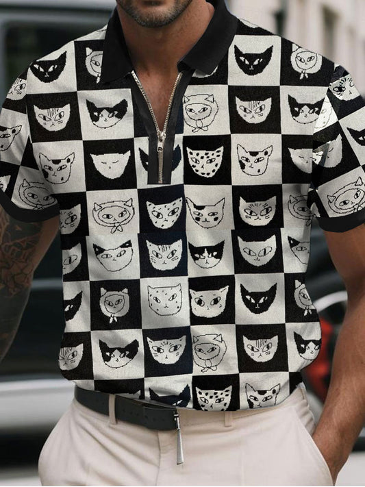 Men's Cat Art Print Casual Polo Shirt