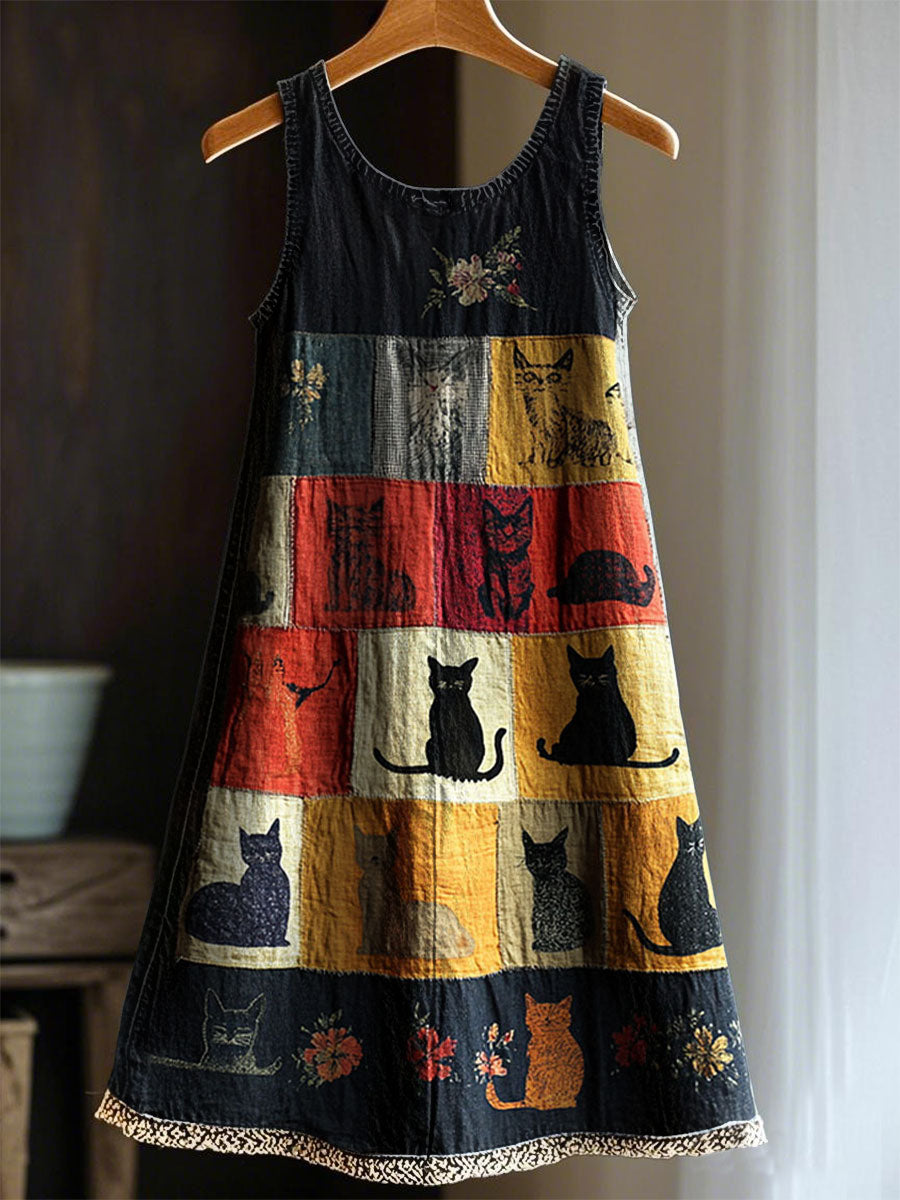Women's Artistic Cat Patchwork Design Print Dress