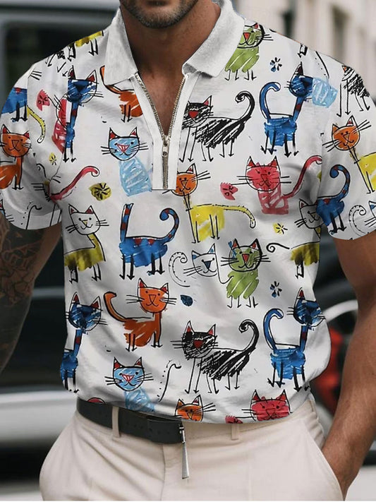 Men's Cat Art Print Casual Polo Shirt