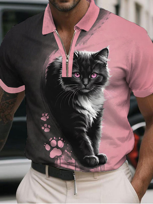 Men's Cat Art Print Casual Polo Shirt
