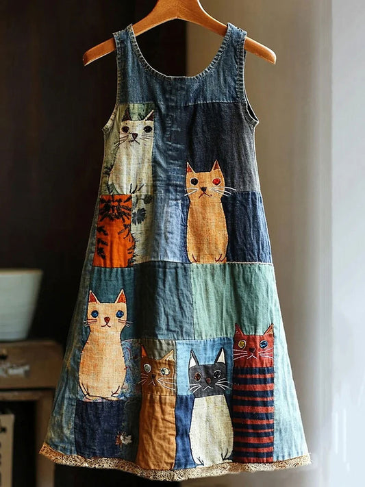 Women's Artistic Cat Patchwork Design Print Dress