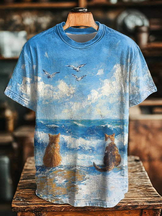 Unisex Beach Cat Print Casual T-Shirt