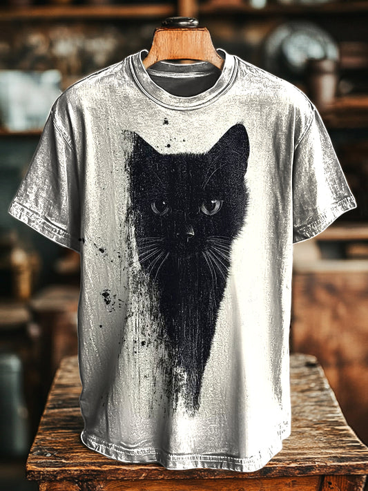 Unisex Vintage Abstract Black Cat Print Casual Loose T-Shirt
