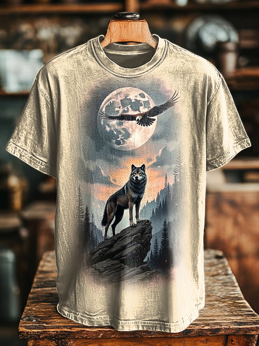 Unisex Vintage Eagle And Wolf Print Casual Loose T-Shirt