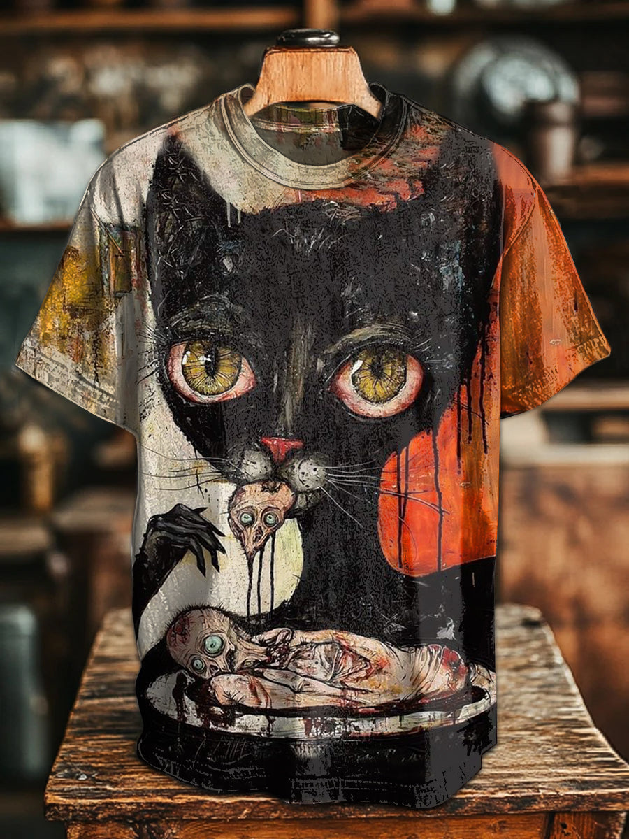 Retro Gothic Cat Illustration Casual T-shirt