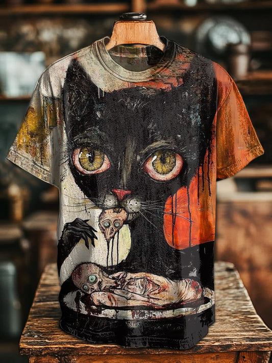 Retro Gothic Cat Illustration Casual T-shirt