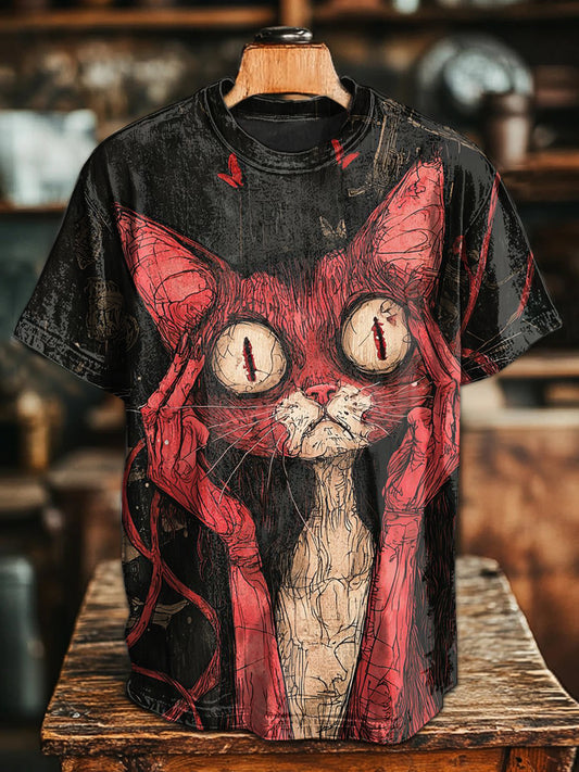 Retro Gothic Cat Illustration Casual T-shirt