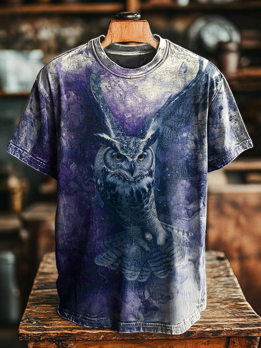 Unisex Vintage Purple Ink Owl Print Casual Loose T-Shirt