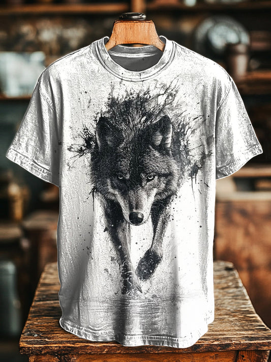 Unisex Vintage Wolf Abstract Print Casual Loose T-Shirt