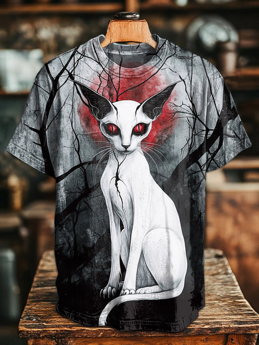 Retro Gothic Cat Illustration Casual T-shirt