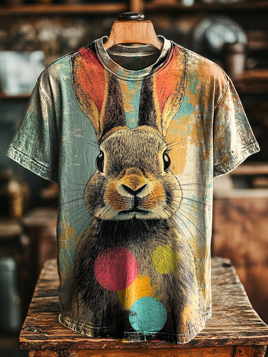 Unisex Retro Rabbit Abstract Print Casual Loose Short Sleeve T-Shirt