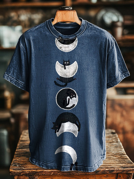 Unisex Retro Fun Abstract Black Cat Print Casual Loose T-Shirt