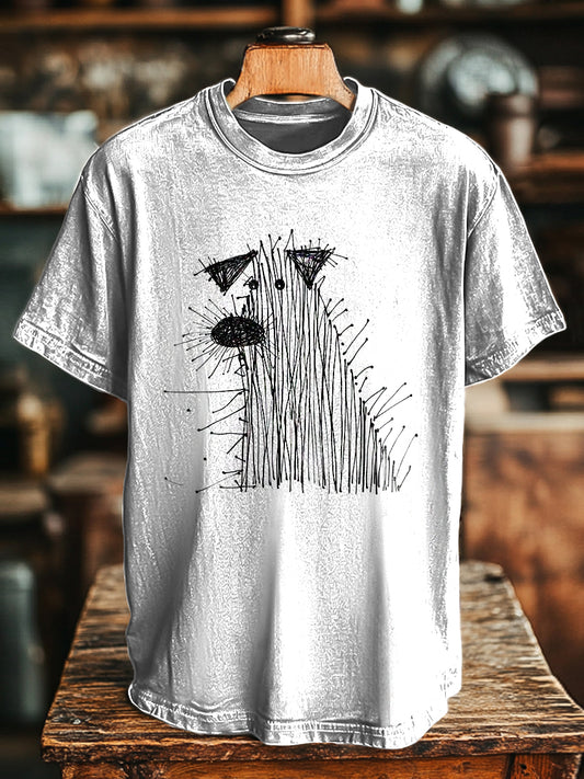 Unisex Retro Abstract Line Dog Print Casual Loose Short Sleeve T-Shirt