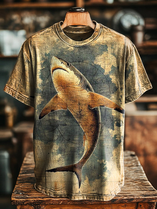 Unisex Vintage Whale Nautical Compass Print Casual Loose T-Shirt