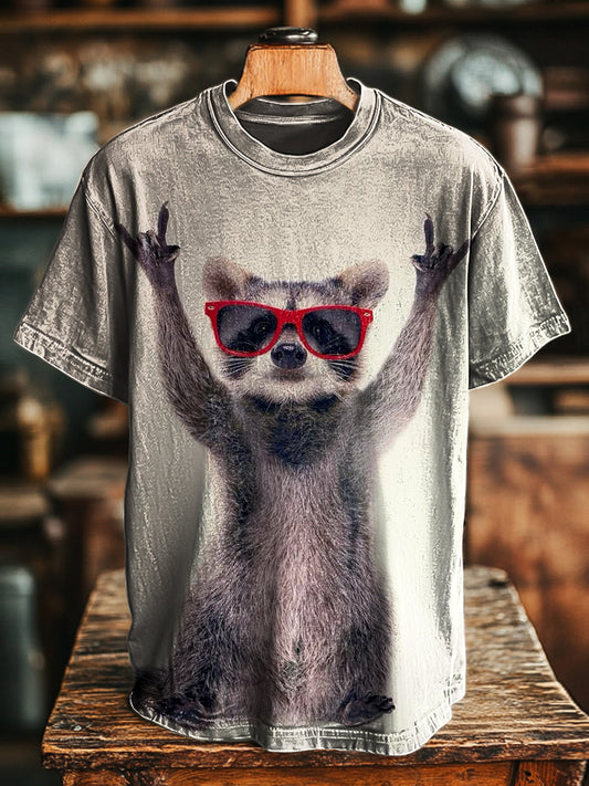 Unisex Retro Rock Raccoon Print Casual Loose T-Shirt