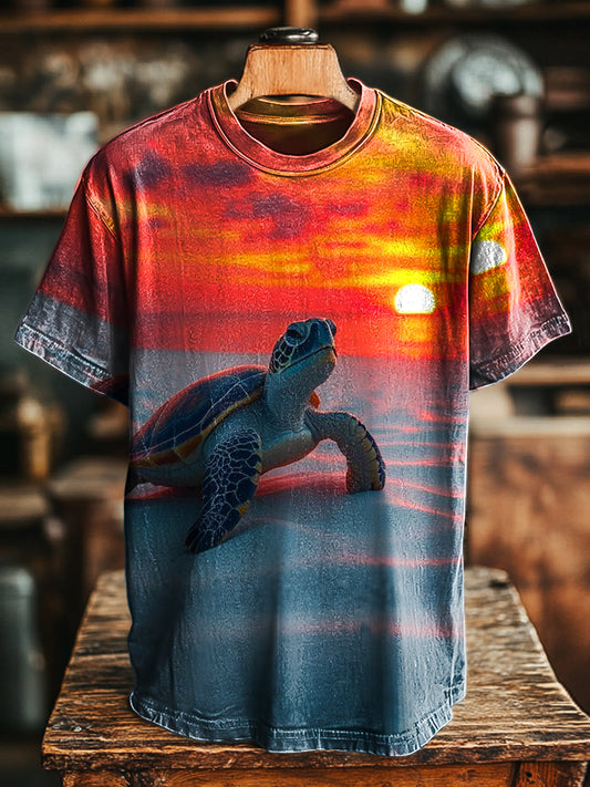 Unisex Vintage Turtle Sunset Print Casual Loose T-Shirt