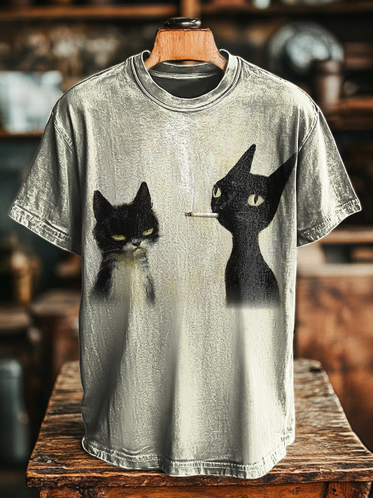 Unisex Fun Smoking Cat Print Casual Loose T-Shirt