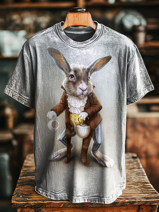 Unisex Funny Bunny Drinking Tea Print Casual Loose T-Shirt