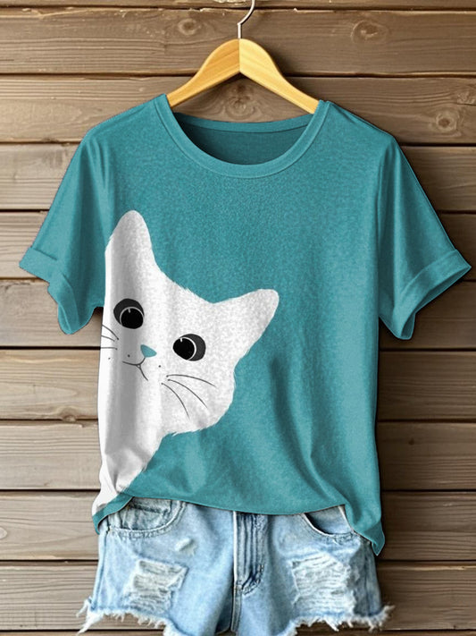 Womens Cute Cat Art Print T-Shirt