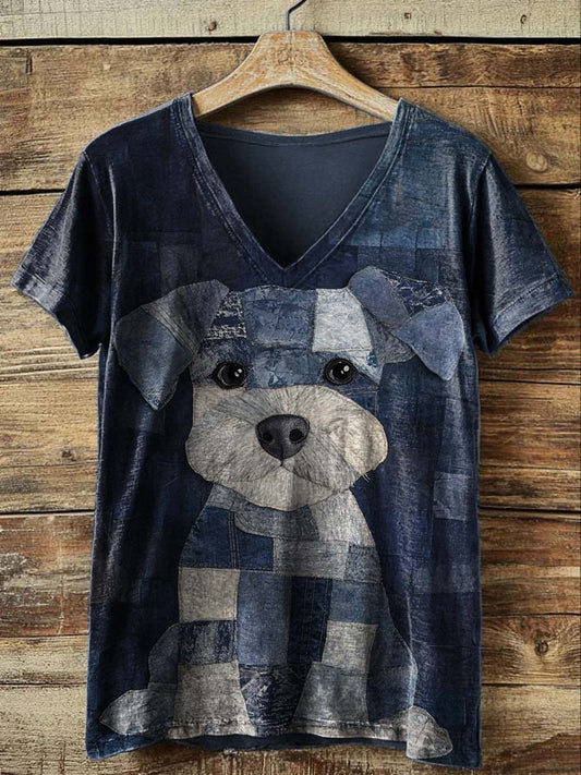 Abstract Patchwork Puppy Print V-Neck Printed Casual Short Sleeve T-Shirt