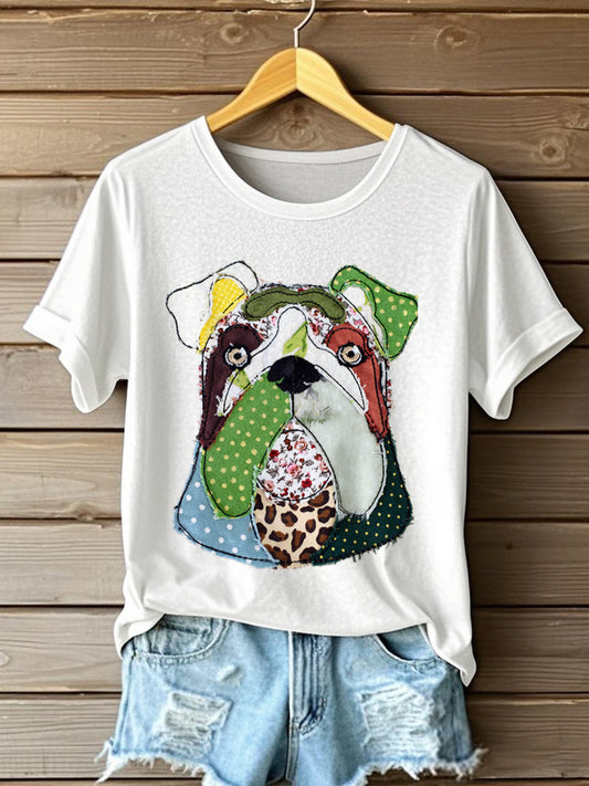 Women's Bulldog Pattern Patchwork Art T-Shirt