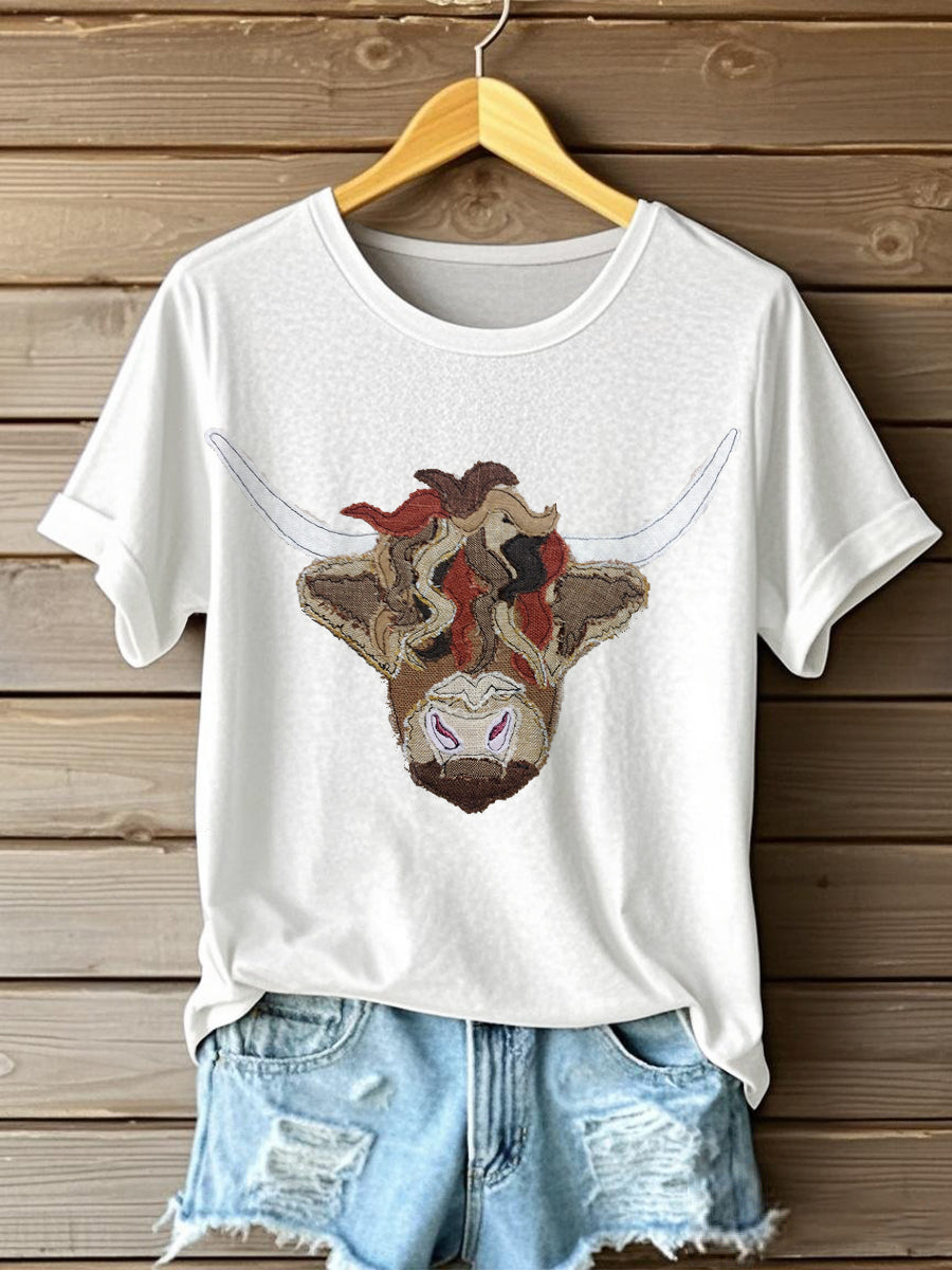Women's Highland Cow Pattern Patchwork Art T-Shirt