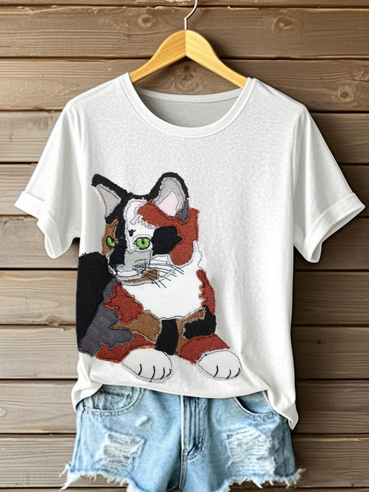 Women's Cute Cat Pattern Patchwork Art T-Shirt