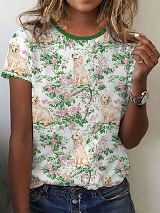 Women's Golden Retriever Floral Print Casual T-Shirt