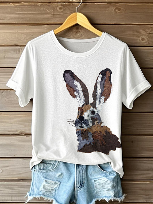 Women's Cute Bunny Pattern Patchwork Art T-Shirt