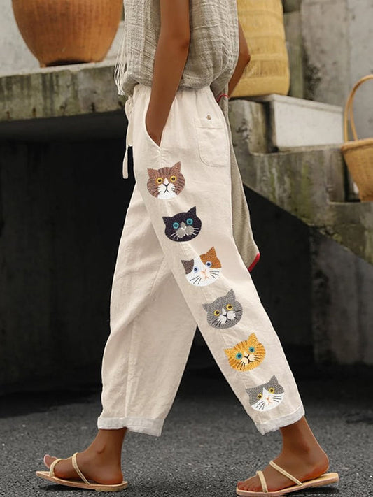 Retro Cute Cat Printed Vintage Casual Loose Cotton Trousers