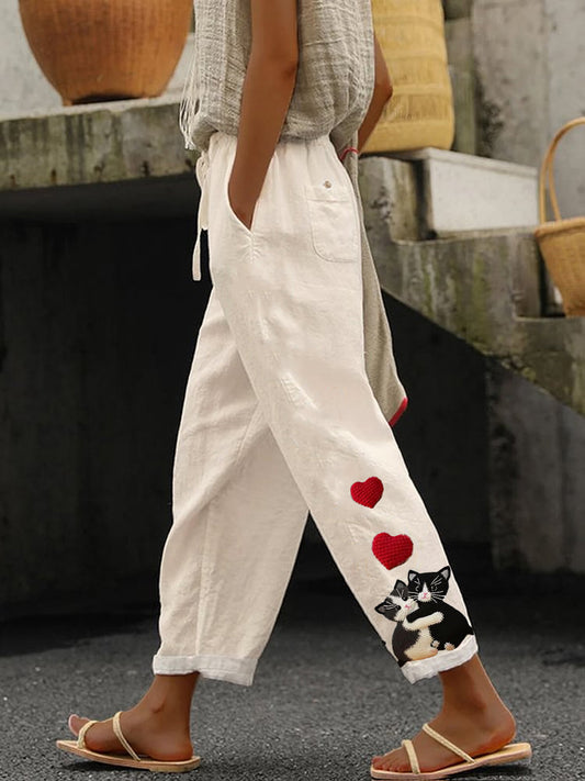 Retro Cute Cat Printed Vintage Casual Loose Cotton Trousers