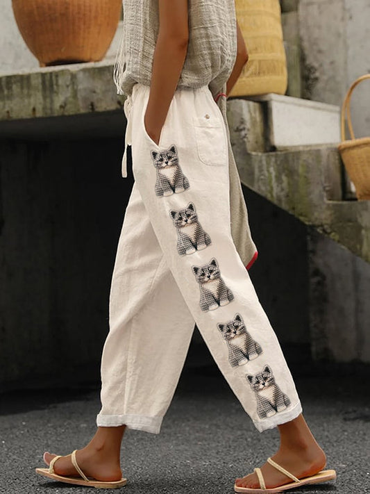 Retro Cute Cat Printed Vintage Casual Loose Cotton Trousers