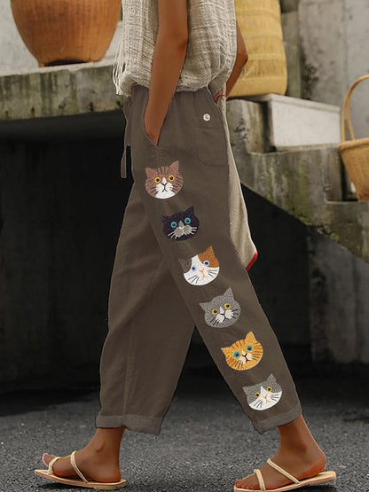 Retro Cute Cat Printed Vintage Casual Loose Cotton Trousers