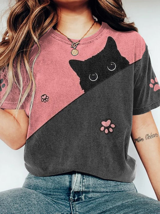 Retro Cute Cat Printed Crew-Neck Comfortable Cotton Casual T-Shirt