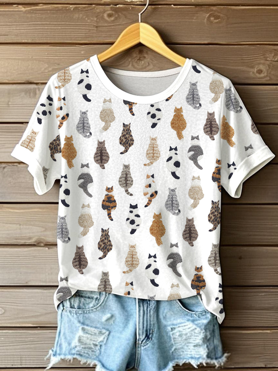 Women's Cute Cat Embroidered Short Sleeve T-Shirt