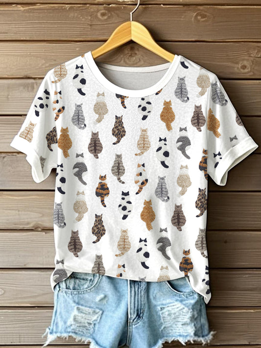 Women's Cute Cat Embroidered Short Sleeve T-Shirt